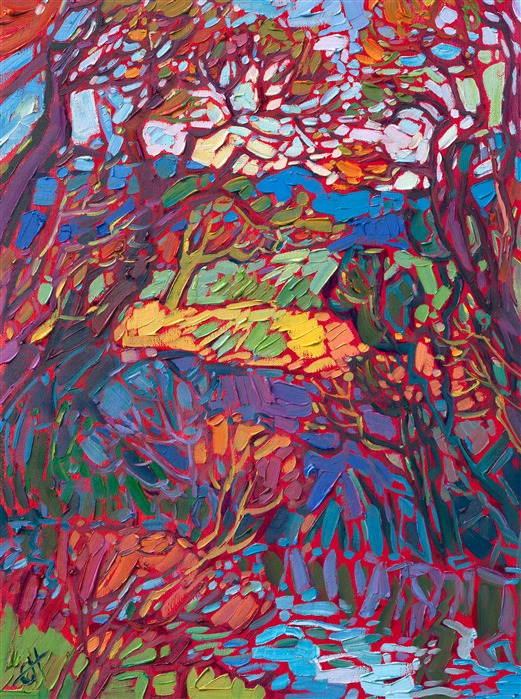 The Willamette Valley in Oregon channels many winding creeks down to the Willamette River. This creek is overhung by mighty oak trees that reach high into the afternoon sky, creating many layers of patterned, abstract color between their branches. </p><p>"River Oaks" is an original oil painting created on linen board. The piece arrives framed in a black and gold frame, ready to hang.