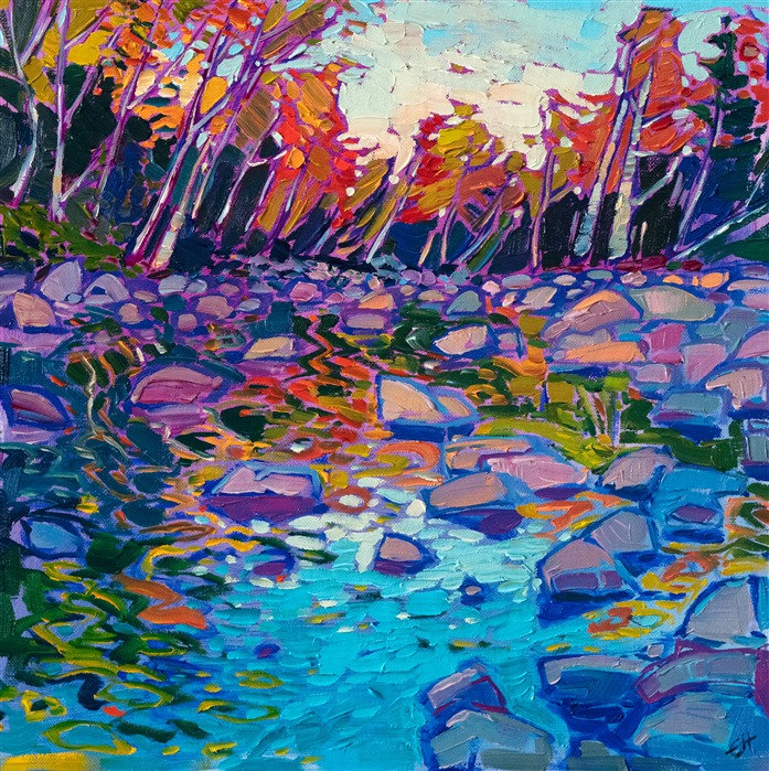 This petite painting of the east coast draws you into a little vignette of peaceful color. You can almost hear the softly bubbling brook and the wind shuffling through the maple leaves.</p><p>"River Reflections" was created on linen board. The piece arrives framed in a gold plein air frame, ready to hang. 