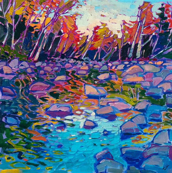 This petite painting of the east coast draws you into a little vignette of peaceful color. You can almost hear the softly bubbling brook and the wind shuffling through the maple leaves.

"River Reflections" was created on linen board. The piece arrives framed in a gold plein air frame, ready to hang. 
