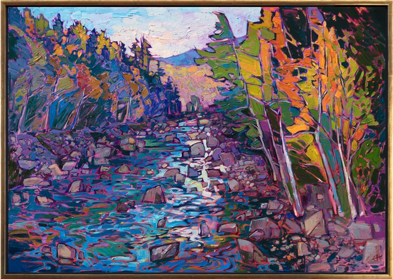A picturesque babbling brook tumbles down the mountain slope, capturing the early morning light dawning over the White Mountains in New Hampshire. Abstract shapes capture the color of the autumn foliage, and the impasto paint strokes are alive with motion.</p><p>"River Rocks" was created on 1-1/2" canvas, with the painting continued around the edges. The piece arrives framed in a gold floating frame. 