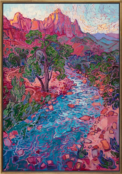 About the painting:<br/>The Virgin River pours through Zion National Park, its cool waters a contrast to the red rock cliffs and rocky valley floor. This impressionist painting captures the sunset light seen from the bridge overlook near the Zion Human History Museum. </p><p>"River Zion" was created on gallery-depth canvas, with the painting continued around the edges. The piece arrives framed in a contemporary gold floater frame.