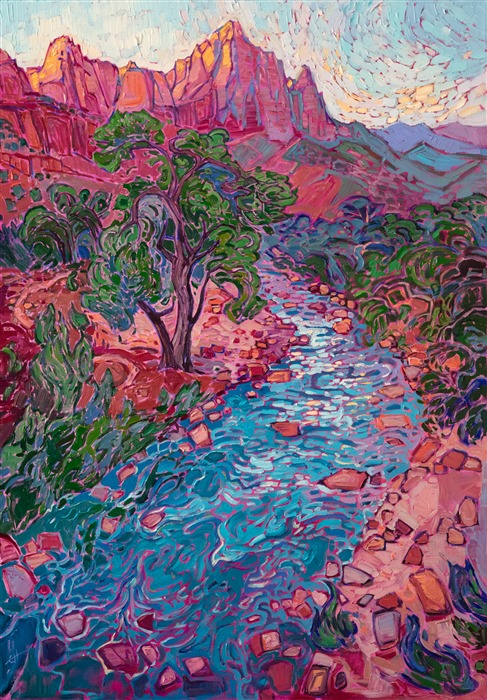 About the painting:<br/>The Virgin River pours through Zion National Park, its cool waters a contrast to the red rock cliffs and rocky valley floor. This impressionist painting captures the sunset light seen from the bridge overlook near the Zion Human History Museum. </p><p>"River Zion" was created on gallery-depth canvas, with the painting continued around the edges. The piece arrives framed in a contemporary gold floater frame.