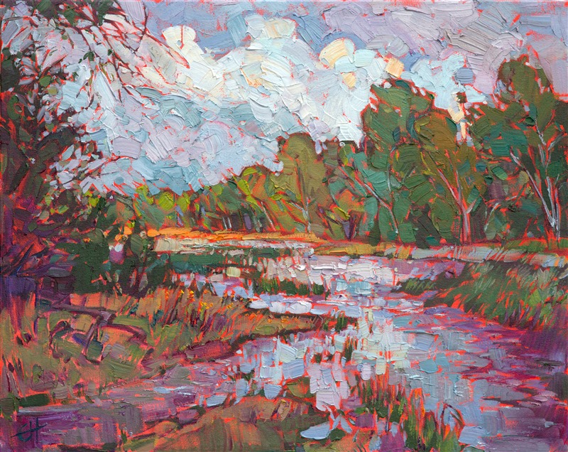 This painting was inspired by exploring the beautiful parks of western Texas.  The atmospheric color and green-drenched landscapes are re-created in abstract shapes and a loose, impressionistic brush stroke.

This painting was created on 3/4" canvas and arrives framed in a classic gold frame, ready to hang.

