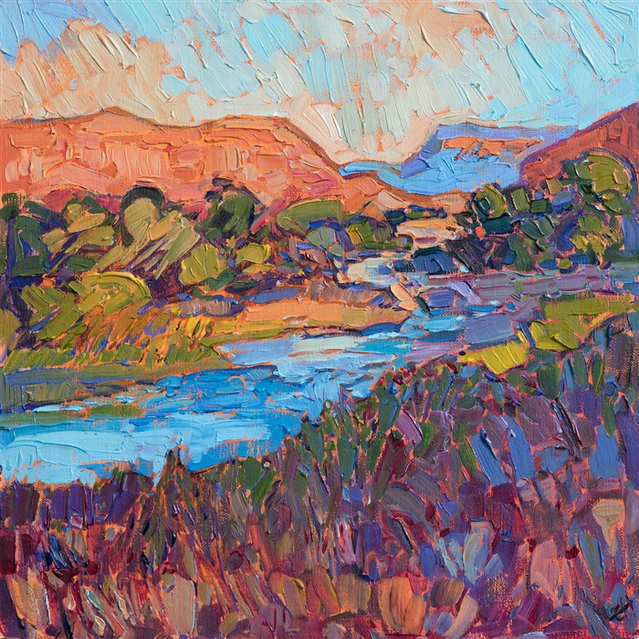 Impressionistic brush strokes capture the beautiful color and motion of Zion National Park. This painting was inspired by the Colorado River west of the park entrance. This small painting was done on linen board, and it has been framed in a hand-carved, plein air frame.</p><p>This painting is hanging in the <i><a href="https://www.erinhanson.com/Event/ErinHansonZionMuseum" target="_blank">Impressions of Zion</a></i> exhibition, and this piece is available for viewing at the Zion Art Museum, in Springdale, UT. The exhibition dates are June 9th - August 27th, 2017.  All sold paintings will be shipped after the exhibition closes at the end of August.
