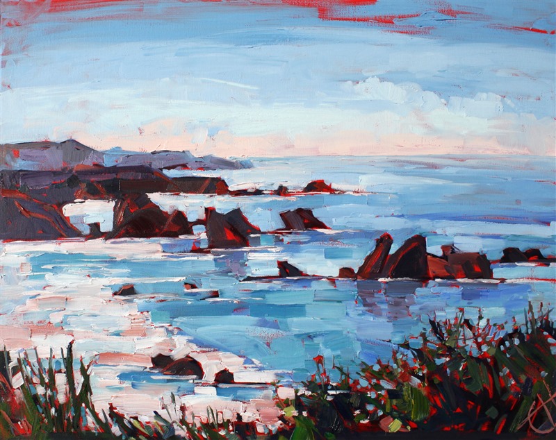 Big Sur coastal oil painting by Erin Hanson, in abstract shapes and light painted in bold, impasto brush strokes.