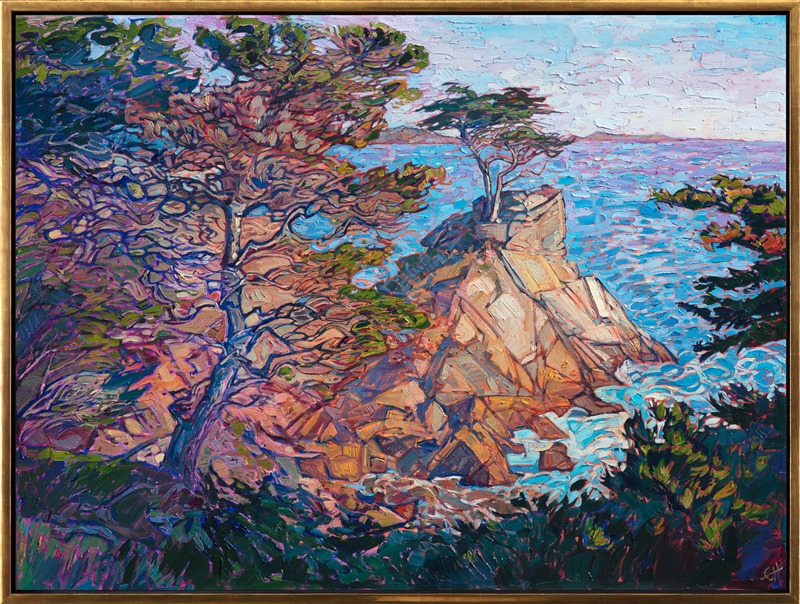 Peeking through the ancient cypress trees of Pebble Beach, you can look down towards the rocky waters and see the curving edge of the peninsula in the distance.  This painting captures all the magical beauty and wonder of discovery you experience along the 17-Mile Drive.</p><p>This painting was done on 1-1/2" canvas, with the painting continued around the edges of the canvas.  The piece arrives framed and ready to hang.