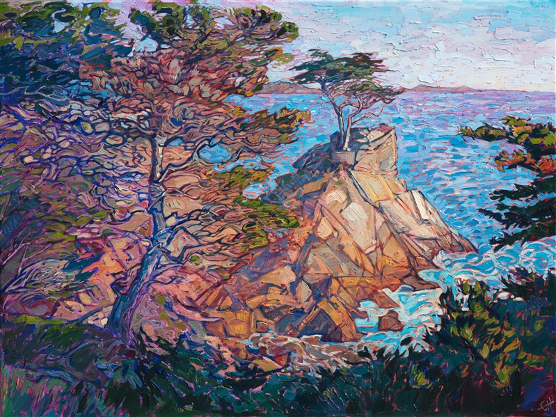 Peeking through the ancient cypress trees of Pebble Beach, you can look down towards the rocky waters and see the curving edge of the peninsula in the distance.  This painting captures all the magical beauty and wonder of discovery you experience along the 17-Mile Drive.</p><p>This painting was done on 1-1/2" canvas, with the painting continued around the edges of the canvas.  The piece arrives framed and ready to hang.