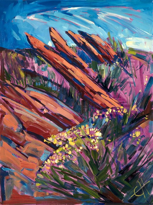 This painting was painted live at an art festival in Palm Springs, to demonstrate the use of an underpainting in oils.  The magenta underpainting makes the yellow flowers in the foreground pop with color.</p><p>This painting was created on 1-1/2" canvas, with the painting continued around the edges.  It has been framed in a gold floater frame.</p><p>This painting was included in the exhibition <i><a href="https://www.erinhanson.com/Event/ContemporaryImpressionismatGoddardCenter" target="_blank">Open Impressionism: The Works of Erin Hanson</i></a>, a 10-year retrospective and study of the development of Open Impressionism at The Goddard Center in Ardmore, OK. </p><p>
