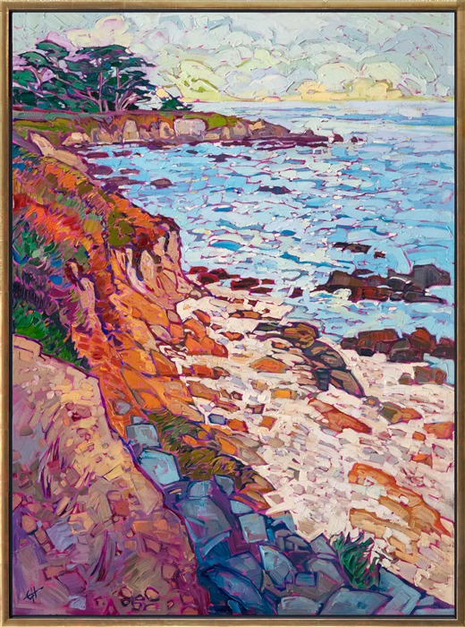 The white sands of Pebble Beach are a beautiful contrast to the sandy orange cliffs and multi-colored ice plants that grow along the tops. The brush strokes are loose and impressionistic, alive with color and motion.</p><p>"Rocky Sands" was created on 1-1/2" canvas, with the painting continued around the edges. The piece arrives framed in a contemporary gold floater frame.
