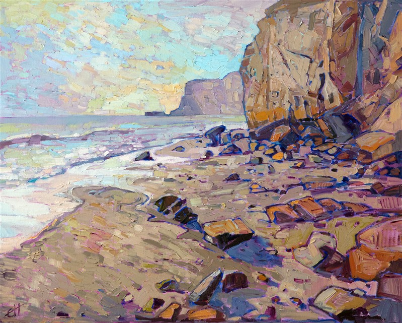 Torrey Pines is a lovely beach full of paintable hues of orange and lavender.  This painting captures the beauty and solitude of the coastline with soft colors and long brush strokes.</p><p>This painting has been framed in a hand-gilded, carved floater frame that was designed to complement the colors in this painting.  It will arrived wired and ready to hang.</p><p>This painting will be included in the exhibition <i><a href="https://www.erinhanson.com/Event/erinhansoncoastalcalifornia" target="_blank">Erin Hanson: Coastal California</i></a>, at The Erin Hanson Gallery in San Diego. The artist's reception will take place on June 24th.  If you purchase this painting online, it will be shipped to you the week of June 26th.