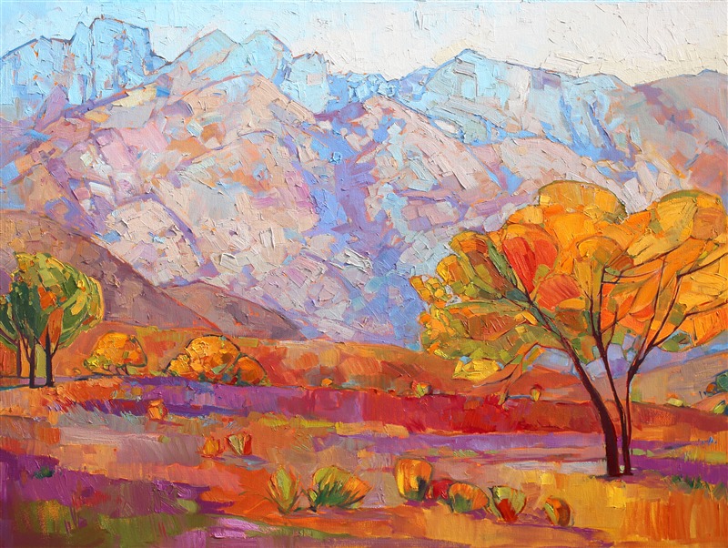 This wide triptych allows the artist to best express the awe-inspiring sight of the eastern Sierras near Lone Pine, CA. The cool November light glazes off the distant layers of mountains, while the bright cottonwoods stand in the foreground, striking in their saturated, contrasting color.