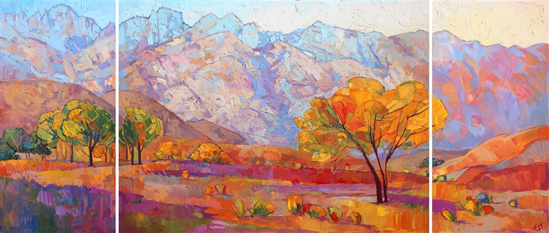 This wide triptych allows the artist to best express the awe-inspiring sight of the eastern Sierras near Lone Pine, CA. The cool November light glazes off the distant layers of mountains, while the bright cottonwoods stand in the foreground, striking in their saturated, contrasting color.