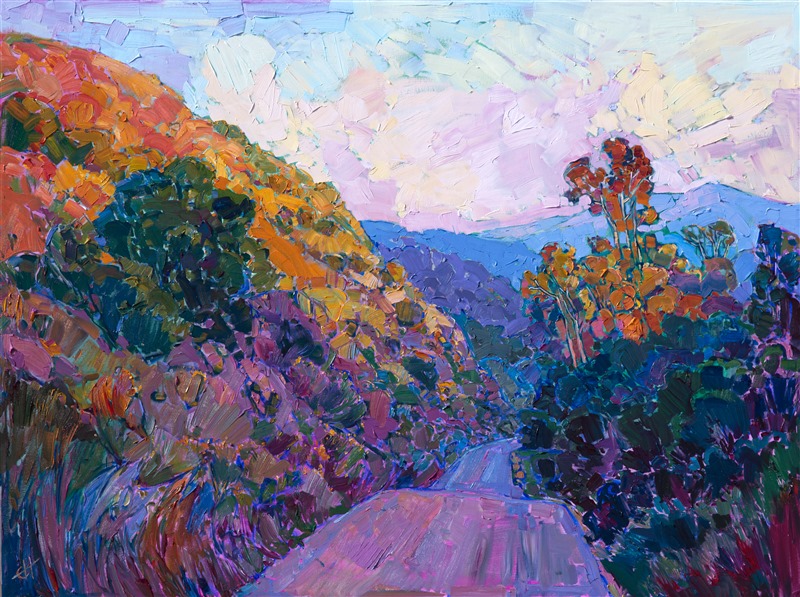 Rolling hills in Carmel Valley catch the last rays of the setting sun in this landscape painting.  The impressionistic brush strokes create a sense of motion and glimmering light.  The distant mountains are rich with color, contrasting against the warmth of the eucalyptus trees and hillside.</p><p>This painting was done on 3/4" canvas, and the piece has been framed in a traditional gilded Impressionist frame, wired and ready to hang.