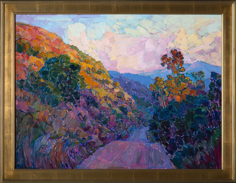 Rolling hills in Carmel Valley catch the last rays of the setting sun in this landscape painting.  The impressionistic brush strokes create a sense of motion and glimmering light.  The distant mountains are rich with color, contrasting against the warmth of the eucalyptus trees and hillside.</p><p>This painting was done on 3/4" canvas, and the piece has been framed in a traditional gilded Impressionist frame, wired and ready to hang.