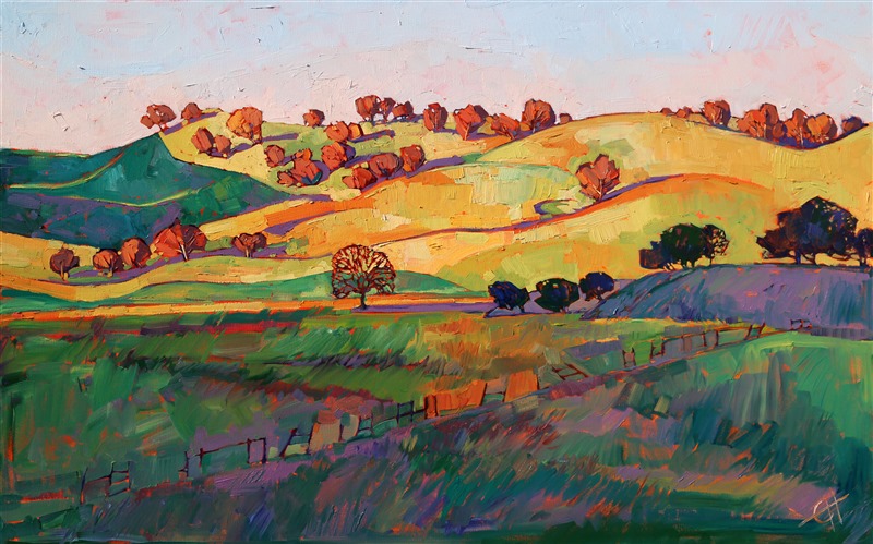 This painting perfectly captures the smooth rolling hills of central California, dotted with idyllic rounded oak trees. The shadows are rich shades of purple and aqua green, contrasting against the brilliant colors of sunrise.</p><p>This painting has been donated to the La Jolla Historical Foundation.  It will be available for silent auction at the La Jolla Concourse d'Elegance: https://www.lajollaconcours.com/<br/>