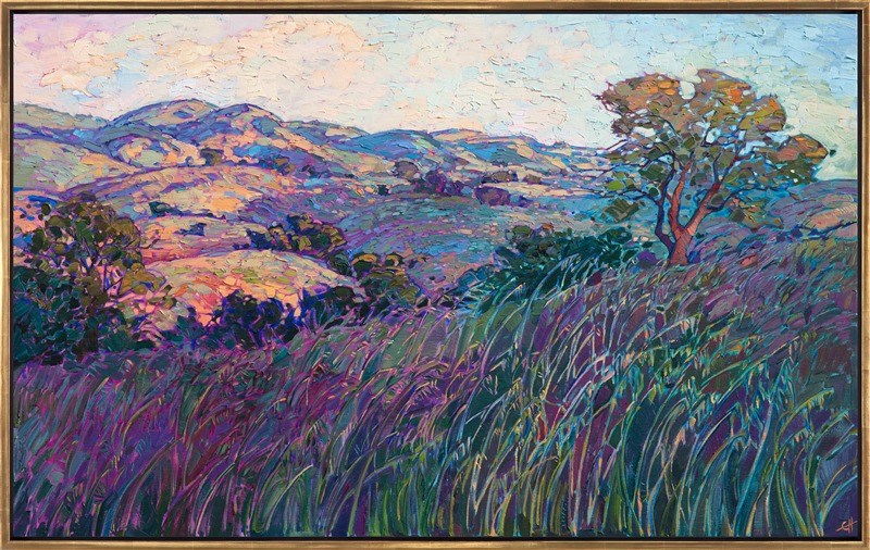 The long, rolling grasses of Paso Robles are captured here in vibrant color and thick brush strokes, bringing the beauty of central California to life on the canvas.  The painting has almost a dream-like quality and invites you to go wandering through the idyllic, grassy hillsides.</p><p>This painting was created on 1-1/2" canvas, with the painting continued around the edges. The piece will be framed in a gold floater frame and arrives ready to hang.