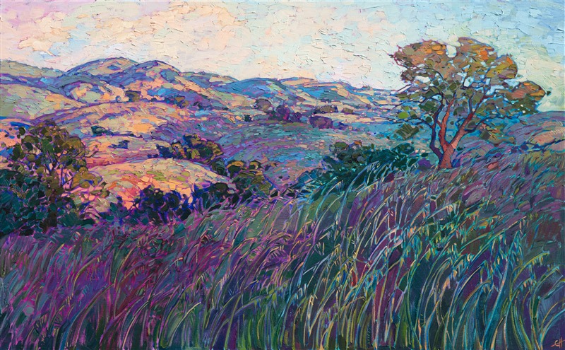 The long, rolling grasses of Paso Robles are captured here in vibrant color and thick brush strokes, bringing the beauty of central California to life on the canvas.  The painting has almost a dream-like quality and invites you to go wandering through the idyllic, grassy hillsides.</p><p>This painting was created on 1-1/2" canvas, with the painting continued around the edges. The piece will be framed in a gold floater frame and arrives ready to hang.