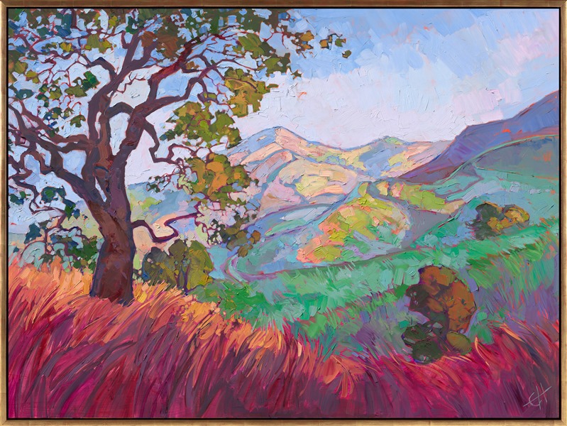 The warming light of early dawn illuminates the layers of rolling hills, in this oil painting of Paso Robles wine country. The quintessential California oak tree is captured in thick, impasto brush strokes that bring its personality to life.</p><p>"Rolling Hills" was created on 1-1/2" canvas. The piece arrives framed in a contemporary gold floater frame, ready to hang.