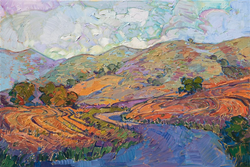 The rolling hills of Paso Robles wine country are captured here in loose, impressionistic brush strokes and vivid color. The cultivated land provides additional texture and movement to the landscape. I love the staccato placement of the live oak trees among the curves and hollows of the hillsides.</p><p>This painting was created on 1-1/2" deep canvas, with the painting continued around the edges for a finished look. The piece arrives framed in a gold floater frame, ready to hang.