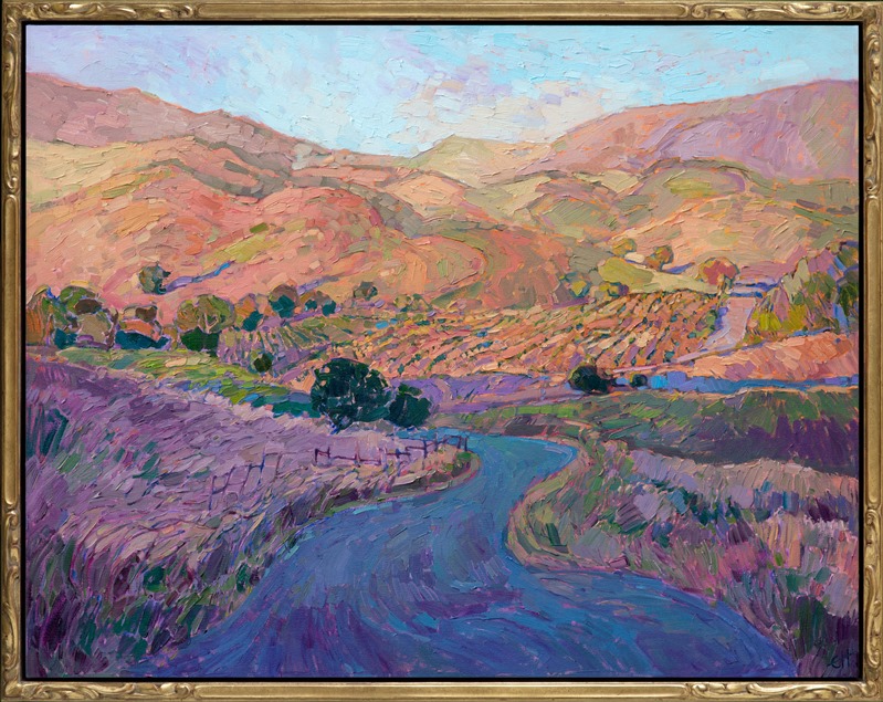 A contemporary impressionist take on California landscapes, this painting brings Paso Robles into a fresh new light. The thick impasto oil paint stands off from the canvas and adds additional depth and motion to the piece. This painting captures the beautiful near-sunset light that casts a saturated glow across the rolling hills.</p><p>This painting was done on 1-1/2" deep canvas with the painting continued around the edges for a finished look. The painting has been framed in a carved gold floater frame.<br/>
