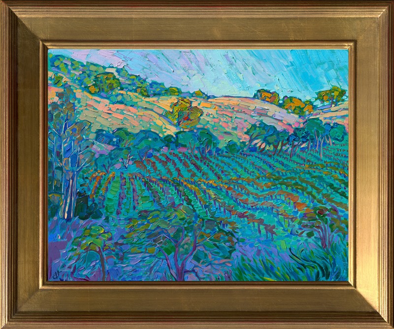 Rolling waves of vinyeards cascade down the hillsides in this painting of Paso Robles, California. The spring green hues transform into mellow peaches and pinks as the sun hits the distant hills. The impressionist brush strokes capture the timeless beauty of the scene.