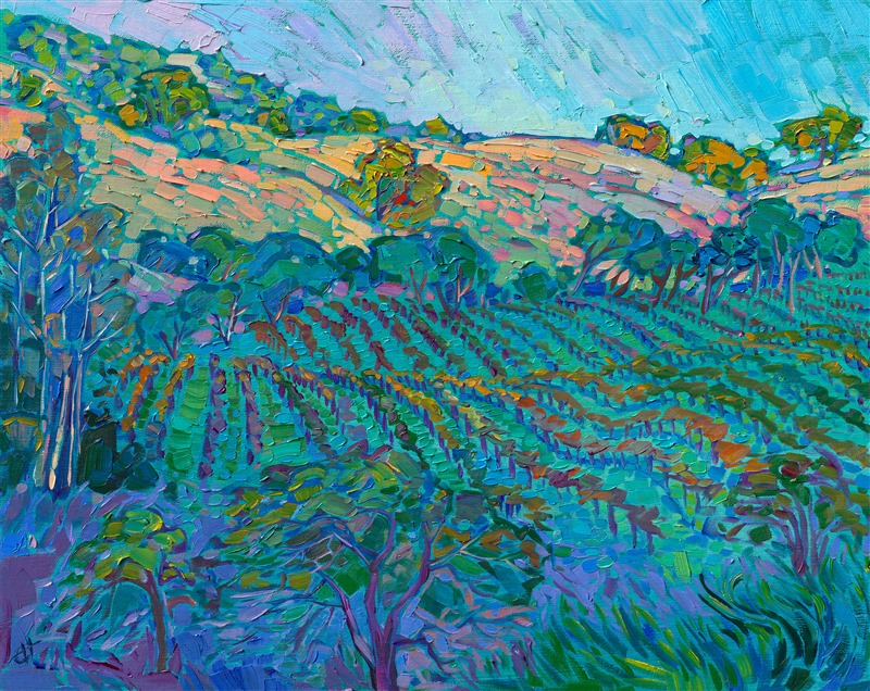 Rolling waves of vinyeards cascade down the hillsides in this painting of Paso Robles, California. The spring green hues transform into mellow peaches and pinks as the sun hits the distant hills. The impressionist brush strokes capture the timeless beauty of the scene.
