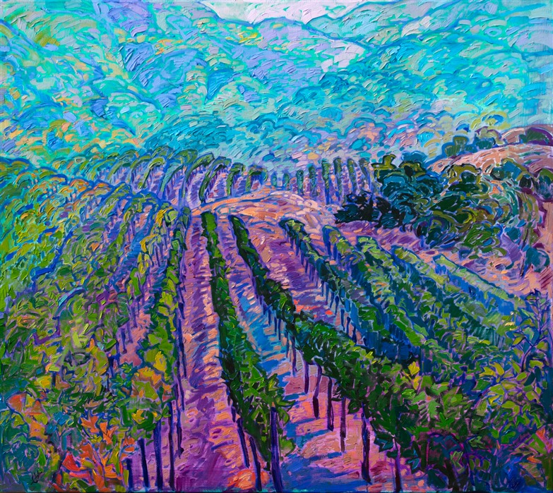 Waves of vineyards stretch into the distance, their colorful leaves contrasting against the distant blue mountains. This painting was inspired by Holman Ranch in Carmel Valley, CA. The brush strokes are loose and impressionistic, conveying a sense of movement and light.</p><p>"Rolling Vineyards" was created on 1-1/2" canvas, with the painting continued around the edges. The piece arrives framed in a contemporary gold floater frame.
