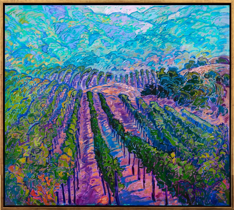 Waves of vineyards stretch into the distance, their colorful leaves contrasting against the distant blue mountains. This painting was inspired by Holman Ranch in Carmel Valley, CA. The brush strokes are loose and impressionistic, conveying a sense of movement and light.</p><p>"Rolling Vineyards" was created on 1-1/2" canvas, with the painting continued around the edges. The piece arrives framed in a contemporary gold floater frame.