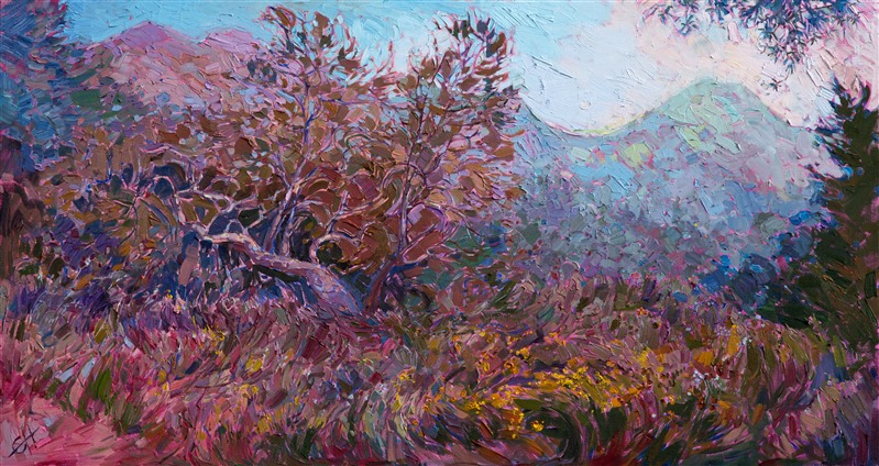 The Rosemont Preserve is a nature preserve tucked in the foothills of the San Gabriel Mountains.  The dusky morning light casts a purple glow over the mountainside. A twisted sycamore and spring wildflowers frame the foreground. The thickly applied strokes of oil paint create a sense of motion within the painting, producing a beautifully colorful example of contemporary impressionism.</p><p>This painting was created on 3/4"-deep canvas.  It has been framed in a gold plein air frame and arrives wired and ready to hang.<br/>
