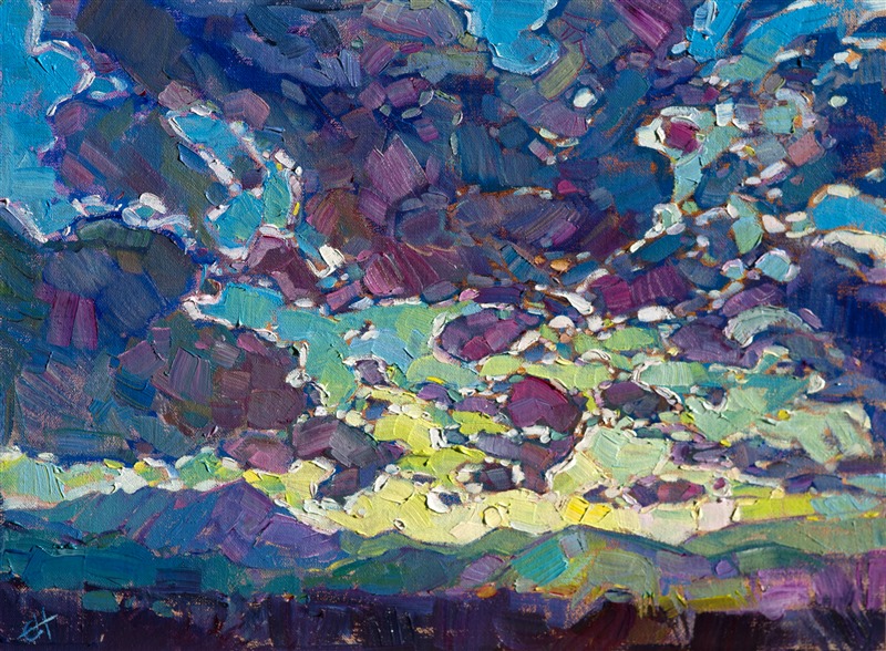 This small oil painting captures the grandeur of a dramatic sunset with minute, impasto brush strokes. The vivid purples and blues of the clouds are a beautiful contrast against the light green sky.</p><p>This petite painting arrives framed and ready to hang.