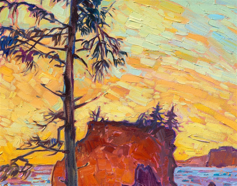 Washington's most visited national park, Olympic National Park, is captured for the first time in Erin Hanson's signature Open Impressionism style. The artist visited the Olympic Peninsula this summer to capture the colorful vistas and landscapes from Sequim, Hoh Forest, and the epic and varying coastline. This painting of Ruby Beach was inspired by golden hour light, where the yellow sky and highlights contrasted beautifully with purple shadows. Thick, expressive brushstrokes capture the movement and transient light of the scene.