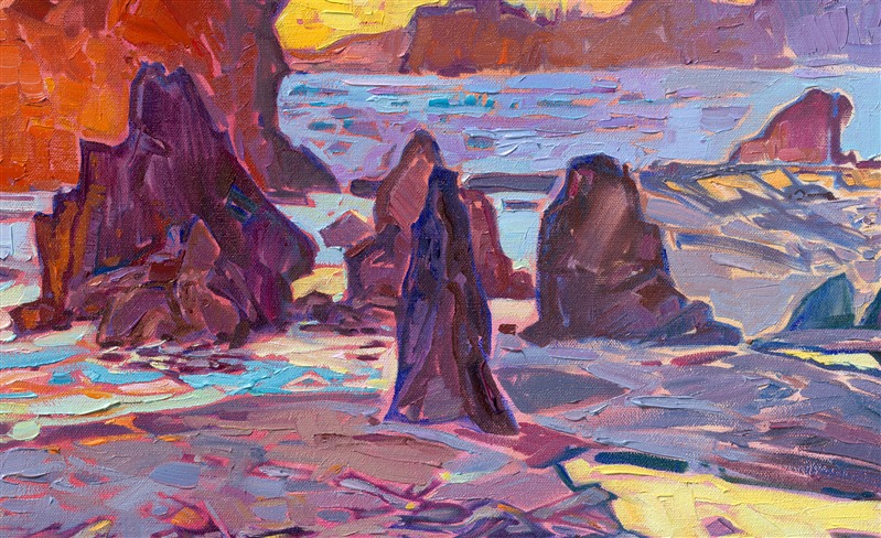 Washington's most visited national park, Olympic National Park, is captured for the first time in Erin Hanson's signature Open Impressionism style. The artist visited the Olympic Peninsula this summer to capture the colorful vistas and landscapes from Sequim, Hoh Forest, and the epic and varying coastline. This painting of Ruby Beach was inspired by golden hour light, where the yellow sky and highlights contrasted beautifully with purple shadows. Thick, expressive brushstrokes capture the movement and transient light of the scene.