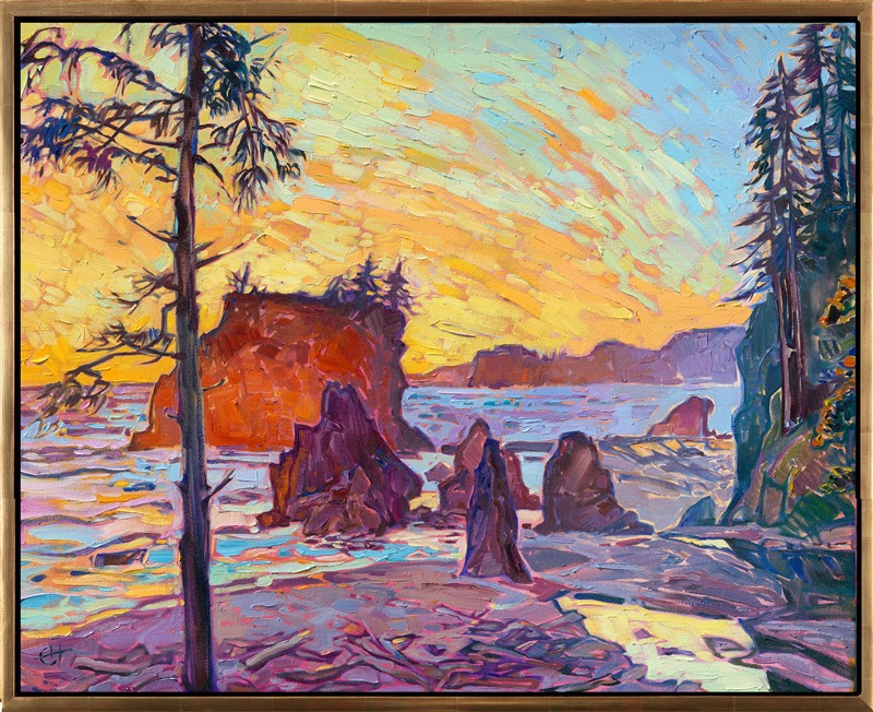 Washington's most visited national park, Olympic National Park, is captured for the first time in Erin Hanson's signature Open Impressionism style. The artist visited the Olympic Peninsula this summer to capture the colorful vistas and landscapes from Sequim, Hoh Forest, and the epic and varying coastline. This painting of Ruby Beach was inspired by golden hour light, where the yellow sky and highlights contrasted beautifully with purple shadows. Thick, expressive brushstrokes capture the movement and transient light of the scene.