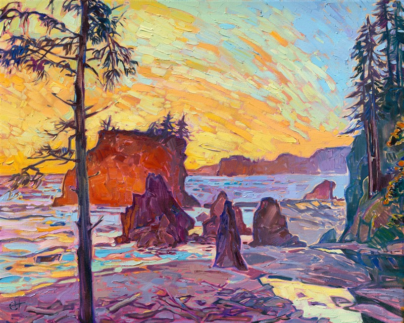 Washington's most visited national park, Olympic National Park, is captured for the first time in Erin Hanson's signature Open Impressionism style. The artist visited the Olympic Peninsula this summer to capture the colorful vistas and landscapes from Sequim, Hoh Forest, and the epic and varying coastline. This painting of Ruby Beach was inspired by golden hour light, where the yellow sky and highlights contrasted beautifully with purple shadows. Thick, expressive brushstrokes capture the movement and transient light of the scene.