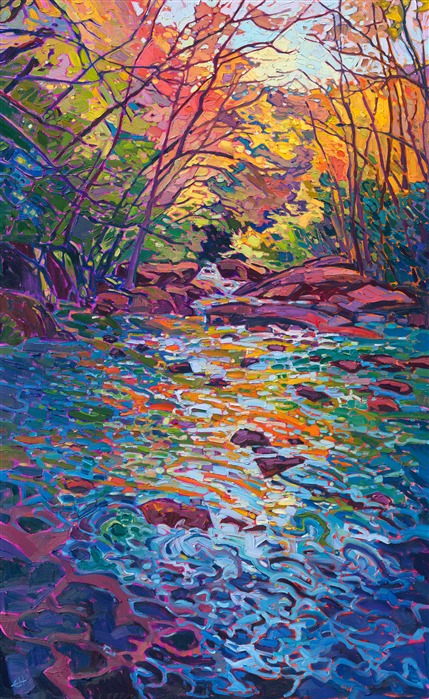 A rippling creek of icy mountain water flows over moss-covered rocks in this painting of Lance Creek, near Boone in the Blue Ridge Mountains. Sunlit hues of autumn surround the creek, casting delicate reflections of brilliant color across the swirling waters.</p><p>"Running Reflections" is an original oil painting created in Erin Hanson's unique Open Impressionism style, with thick, expressive brush strokes that are laid side-by-side on the canvas without blending. The piece arrives framed in a contemporary gold floater frame, ready to hang.