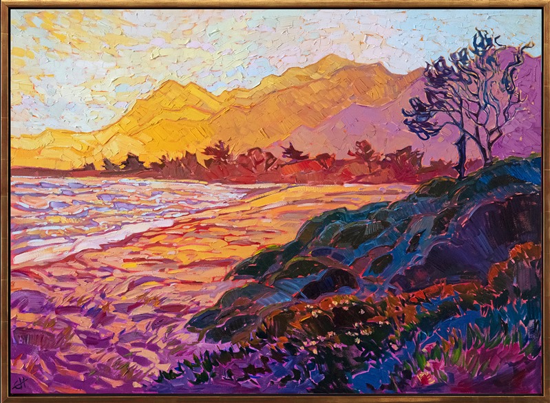 Hues of purple fade into saffron yellow in this painting of southern California's coastline. Soft stretches of sand curve into a bay of water that reflects the sunset glow above. Each brush stroke is loose and impressionistic, capturing the quickly-changing light of the scene.</p><p>"Saffron Coast" was created on 1-1/2" canvas, with the painting continued around the edges. The piece arrives framed in a contemporary gold floater frame, ready to hang.