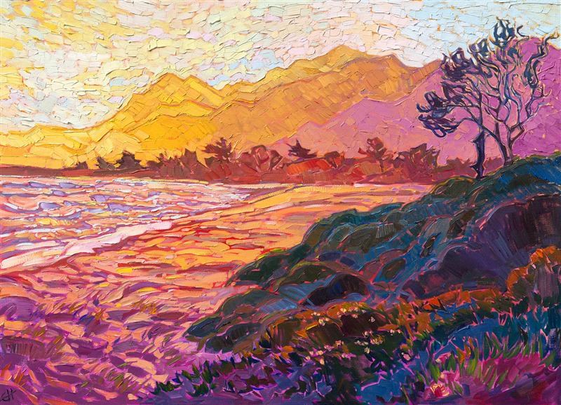 Hues of purple fade into saffron yellow in this painting of southern California's coastline. Soft stretches of sand curve into a bay of water that reflects the sunset glow above. Each brush stroke is loose and impressionistic, capturing the quickly-changing light of the scene.</p><p>"Saffron Coast" was created on 1-1/2" canvas, with the painting continued around the edges. The piece arrives framed in a contemporary gold floater frame, ready to hang.