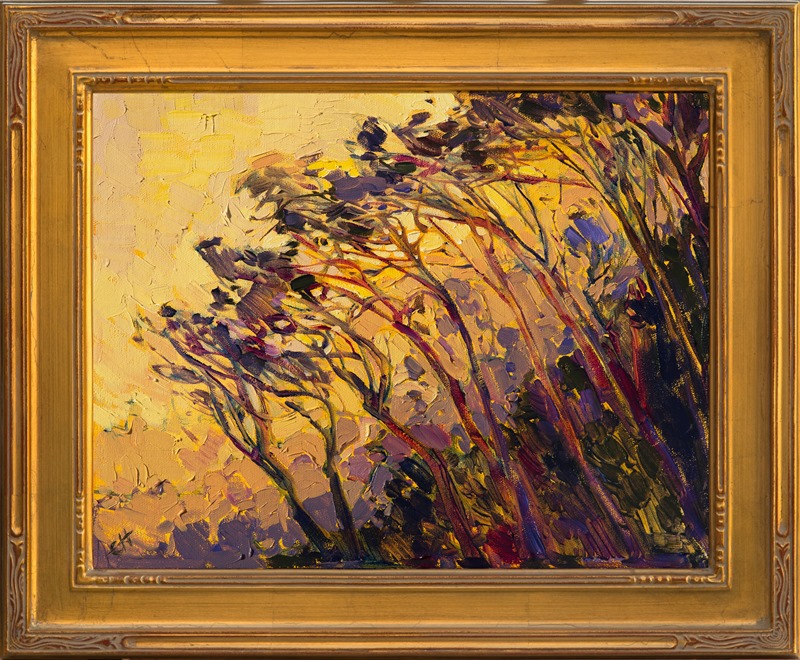 Saffron shades of light complement the hazy purple hills and coastal trees. The mosaic pattern of light has an almost stained glass look.  Each brush stroke is alive with color and texture.</p><p>This painting was done on 3/4" stretched canvas, and it has been framed in a classic plein-air frame. It arrives wired and ready to hang.
