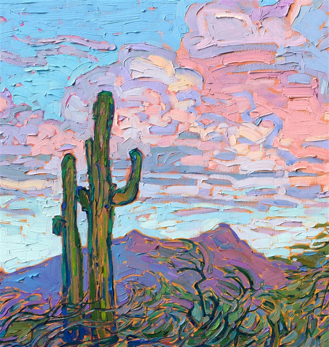 Buttercup-hued clouds drift above this Arizona landscape, and rich purple shadows stretch across the red earth. The impressionist brush strokes and thick and loose, conveying a sense of movement throughout the painting.</p><p>"Saguaro Clouds" was created on gallery-depth canvas, and the painting arrives framed in a contemporary gold floater frame, ready to hang.
