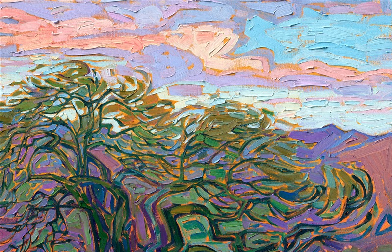 Buttercup-hued clouds drift above this Arizona landscape, and rich purple shadows stretch across the red earth. The impressionist brush strokes and thick and loose, conveying a sense of movement throughout the painting.</p><p>"Saguaro Clouds" was created on gallery-depth canvas, and the painting arrives framed in a contemporary gold floater frame, ready to hang.