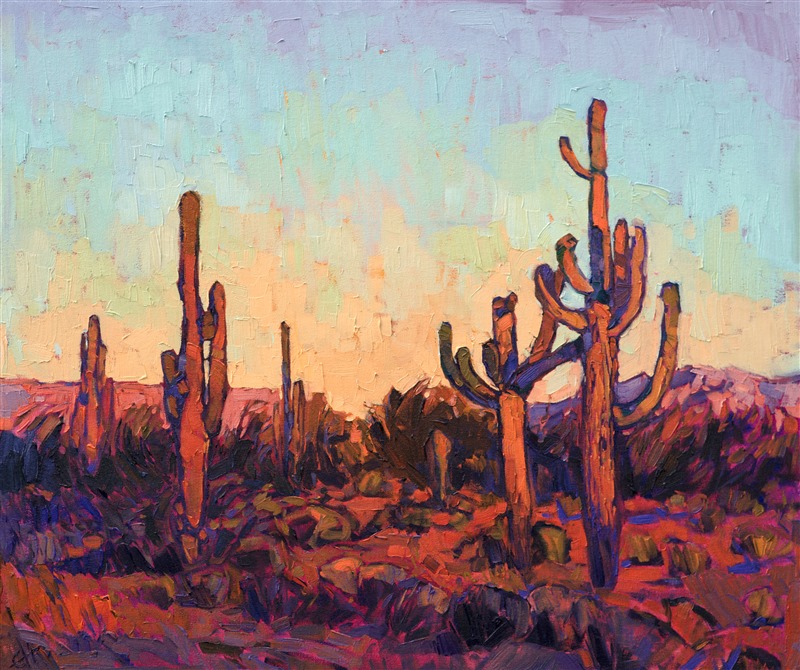 The stately saguaros of Arizona are a joy to paint.  Their unique shapes capture the vibrant color of the setting desert sun, the warm light a striking contrast against the cool blue shadows. The thick, impressionistic brush strokes add another dimension of depth and motion to the painting.</p><p>This painting will be displayed at The Medicine Man Gallery in Tuscon, AZ, at the exhibition <i>Art of the Saguaro.</i.>  Please contact the gallery to purchase: (520) 722-7798.