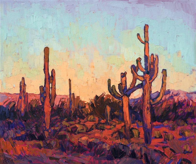 The stately saguaros of Arizona are a joy to paint.  Their unique shapes capture the vibrant color of the setting desert sun, the warm light a striking contrast against the cool blue shadows. The thick, impressionistic brush strokes add another dimension of depth and motion to the painting.

This painting will be displayed at The Medicine Man Gallery in Tuscon, AZ, at the exhibition <i>Art of the Saguaro.</i.>  Please contact the gallery to purchase: (520) 722-7798.