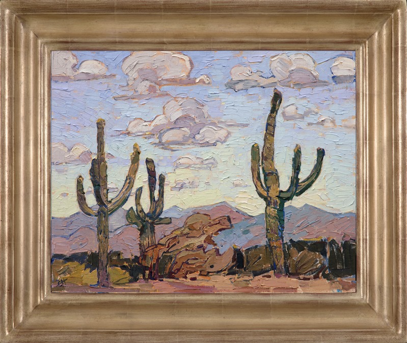 The stately saguaro is always a pleasure to capture in oils.  Their naturally abstract shapes create great compositions against a distant desert landscape.  The brush strokes in this painting are loose and impressionistic, capturing a transient moment of light and beauty.</p><p>This painting was done on 1/8"canvas, and it arrives framed and ready to hang.