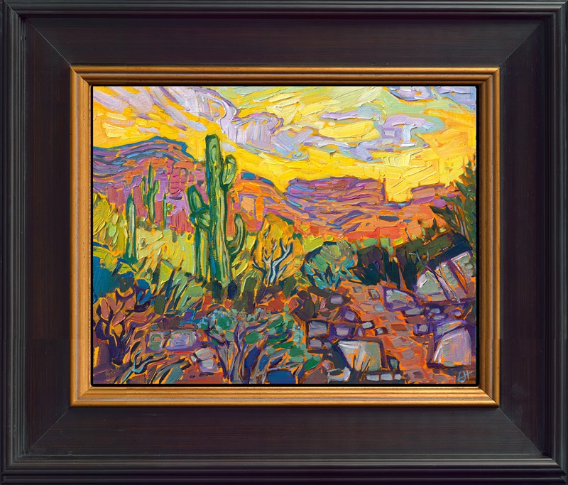 The Sonoran desert is captured in golden hues of amber and cadmium. The brush strokes are thick and impressionistic, alive with color and movement.</p><p>"Saguaro Desert" is an original oil painting on linen board. The piece arrives framed in a black and gold plein air frame, ready to hang.