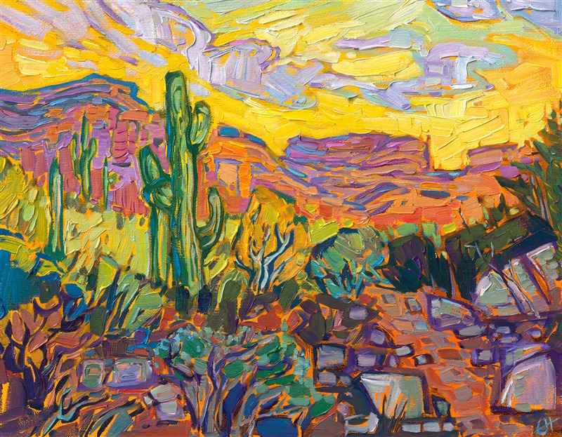 The Sonoran desert is captured in golden hues of amber and cadmium. The brush strokes are thick and impressionistic, alive with color and movement.</p><p>"Saguaro Desert" is an original oil painting on linen board. The piece arrives framed in a black and gold plein air frame, ready to hang.