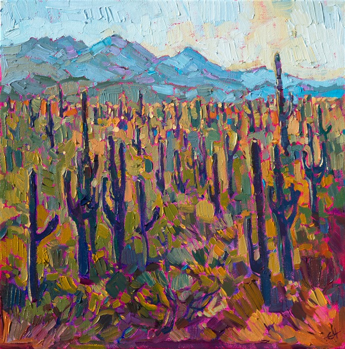 The Saguaro forests of Arizona are a beautiful sight to behold.  The stately cacti stretch far into the distance, running up the sides of distant buttes.  This painting has lively and expressive brush strokes, full of color and texture.</p><p>This painting was done on 3/4" stretched canvas, and it has been framed in a classic plein-air frame. It arrives wired and ready to hang.