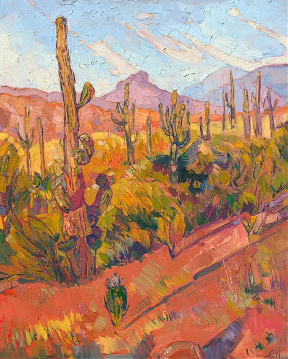 Arizona Saguaros gather together to soak in the warmth of a late afternoon sun. The brush strokes in this painting are lively and boldly applied, bringing a modern look to a traditional landscape. The desert colors seem to jump from the canvas! This painting was inspired by the artist's recent travels to Prescott, the spring colors bringing to life the red sand and distant buttes of Arizona.