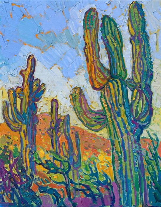 A group of stately saguaro cacti glow in the late afternoon light of Arizona's desert. The brushstrokes are loose and expressive, capturing the changing color and transient light just before dusk.</p><p>"Saguaro Glow" is an original oil painting on linen board. This piece arrives framed in a custom-made plein air frame (mock floater style, so the edges are uncovered). This painting will be displayed at The Erin Hanson Gallery in McMinnville as part of her annual Petite Show.