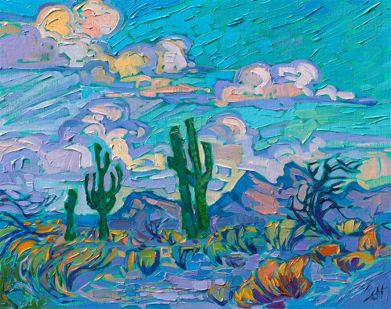 Thick brush strokes of oil paint capture the motion and brilliance of a summer sky above Arizona saguaros. The green underpainting makes the warm colors in the painting glow with contrast.</p><p>"Saguaro Greens" was created on 1/8" linen board, and the piece arrives framed in a gold plein air frame.
