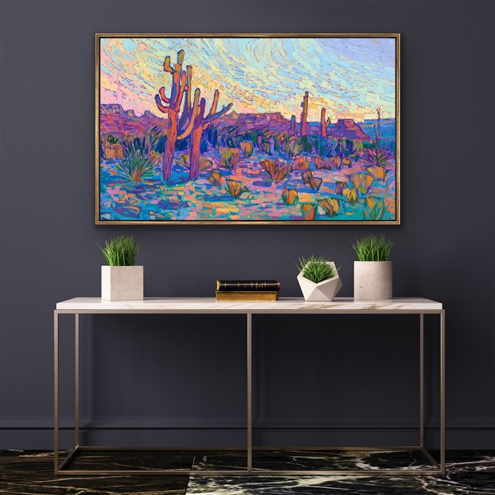 This painting of Arizona saguaros celebrates the vibrant colors of the southwest. The thick, impressionistic brush strokes create a mosaic of color and texture across the canvas, pulling your eye through the painting so that you become immersed in imagination.</p><p><b>Did you know…?</b></p><p>* The average saguaro has a lifespan of 150 to 175 years. Biologists believe that some may live for over 200 years.</p><p>* Because of their slow growth, a saguaro often takes 50 to 70 years to grow their first arms. By the time they are 100, they typically have several arms.</p><p>* The oldest recorded saguaro grew over 40 feet tall and had 52 arms.<br/>_____ </p><p><b>Note:<br/>"Saguaro Hues" is available for pre-purchase and will be included in the <i><a href="https://www.erinhanson.com/Event/SearsArtMuseum" target="_blank">Erin Hanson: Landscapes of the West</a> </i>solo museum exhibition at the Sears Art Museum in St. George, Utah. This museum exhibition, located at the gateway to Zion National Park, will showcase Erin Hanson's largest collection of Western landscape paintings, including paintings of Zion, Bryce, Arches, Cedar Breaks, Arizona, and other Western inspirations. The show will be displayed from June 7 to August 23, 2024.</p><p>You may purchase this painting online, but the artwork will not ship after the exhibition closes on August 23, 2024.</b><br/><p>